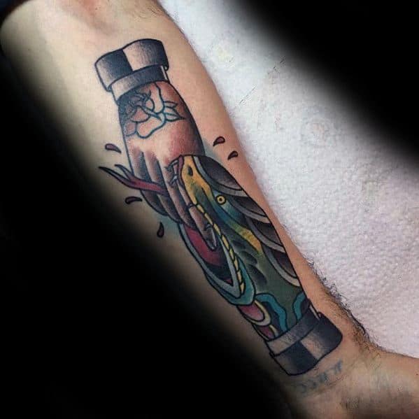 Distinctive Male Inner Forearm Traditional Snake Handshake Tattoo Designs