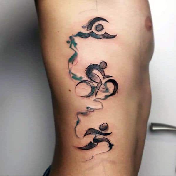 Triathlon tattoo featuring stylized symbols of swimming, cycling, and running, with flowing lines connecting each discipline in a dynamic design along the arm.