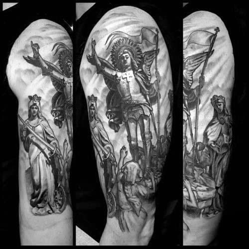 Realistic black and grey Joan of Arc tattoo sleeve featuring her with a halo, flag, sword, and kneeling soldiers in a battle scene.