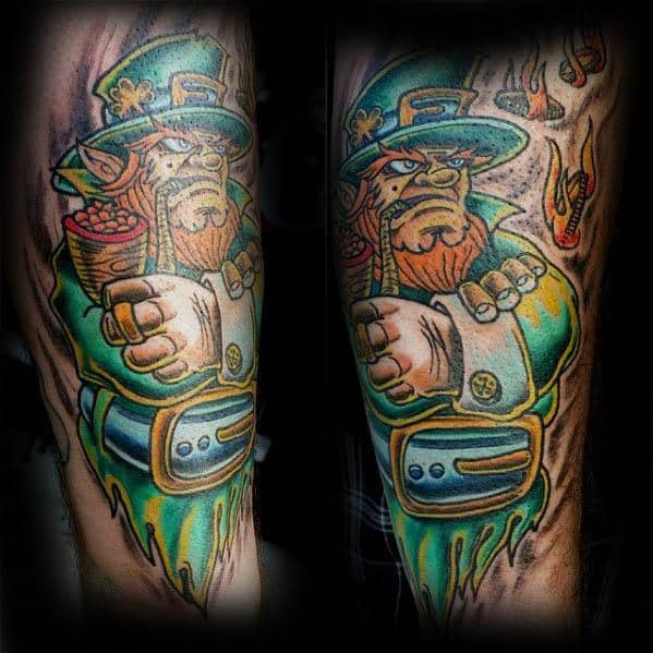Bold and colorful tattoo of a fierce leprechaun in a fighting pose with clenched fists, wearing a green suit and hat, surrounded by flames.