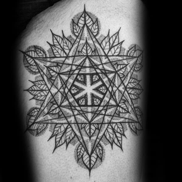 Metatron’s Cube tattoo with a mandala-style twist, featuring layered triangles, leaf-like patterns, and a bold symmetrical center design.