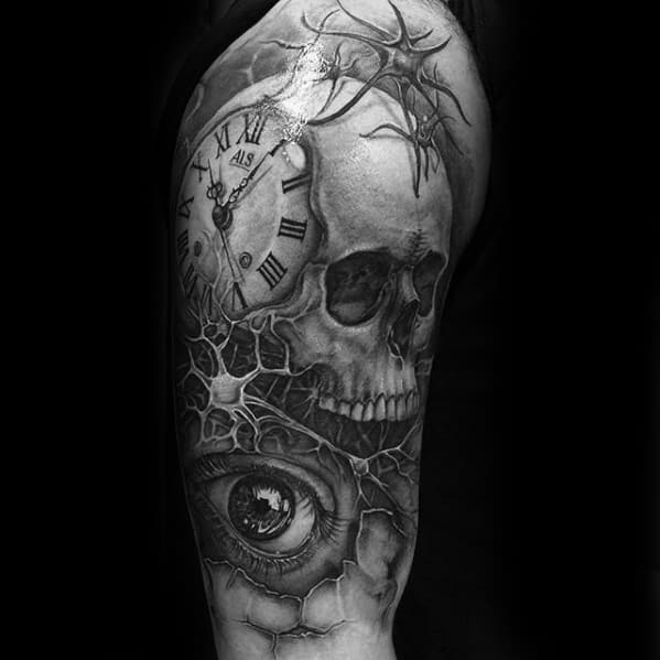 Black and grey surrealist tattoo featuring a skull, eye, roman numeral clock, and interconnected neuron patterns across the arm.