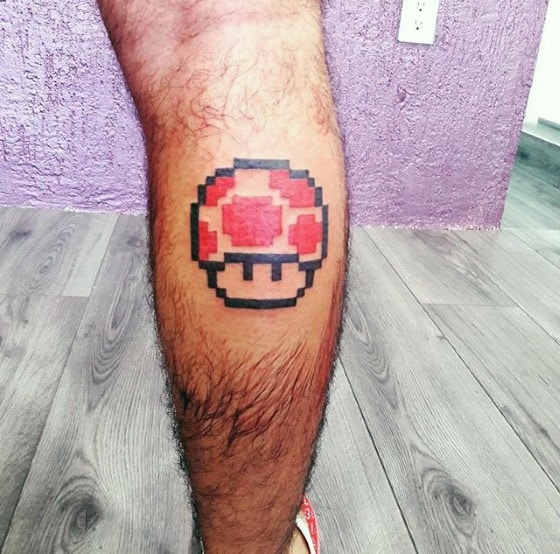 Distinctive Male Pixel Video Game Mushroom Leg Calf Tattoo Designs