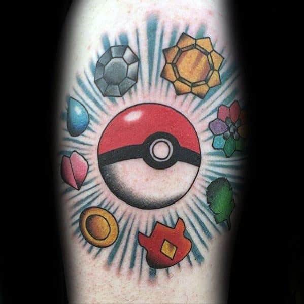 Pokeball tattoo surrounded by all eight original gym badges, radiating with bold colors and blue energy lines for a nostalgic tribute.
