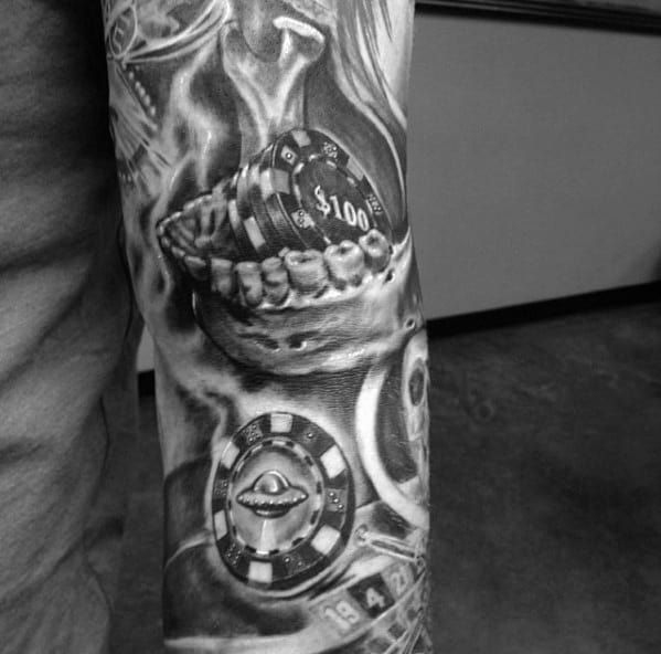Distinctive Male Poker Chip Tattoo Designs On Forearm