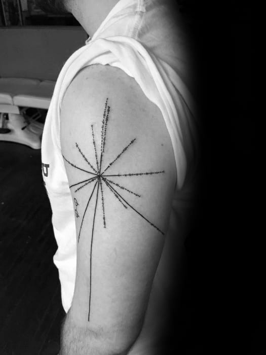 Black line tattoo on a person's upper arm, featuring a geometric starburst design resembling a pulsar map