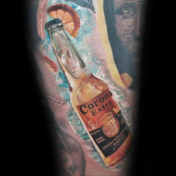Realistic color tattoo of a chilled Corona Extra bottle with a lime wedge, set against a beachy, pastel-toned background for a tropical, refreshing vibe.