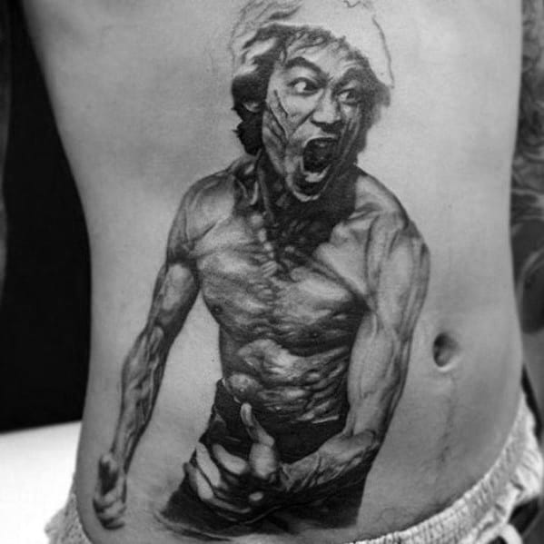 Distinctive Male Rib Cage Side Bruce Lee Tattoo Designs
