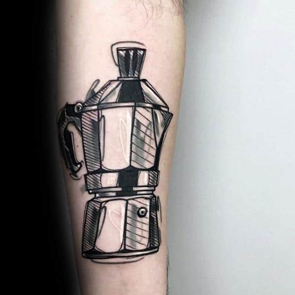 Distinctive Male Sketched Black And Grey Ink Coffee Tattoo Designs Inner Forearm