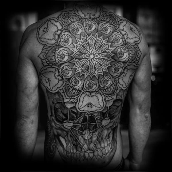 Intricate mandala skull back tattoo blending geometric floral patterns with detailed skull lines for a bold yet spiritual design.