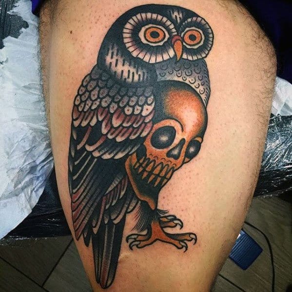 Distinctive Male Thigh Owl Skull Tattoo Designs