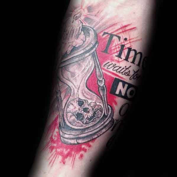 Tattoo with an hourglass containing a skull, red brushstroke background, and bold text saying Time Waits for No One.