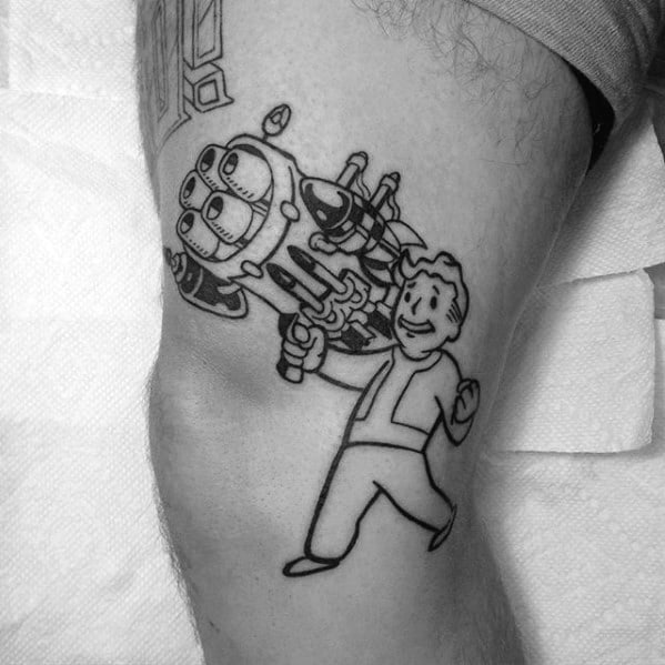 Black and white Vault Boy tattoo holding a massive futuristic weapon, showcasing bold outlines and classic Fallout charm.