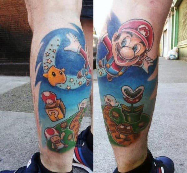 Colorful *Super Mario Galaxy*-themed tattoo wrapping around the leg, featuring Mario soaring through space with Luma, Toad, and classic elements.