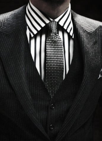 Distinctive Mens Black Suit Styles With Striped Black And White Dress Shirt And Dot Tie