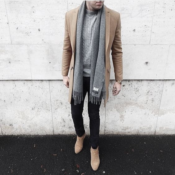 Distinctive Mens Winter Outfits Styles Tan Coat With Grey Scarf