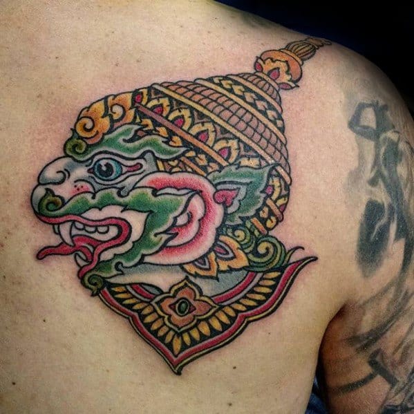 Distinctive Old School Traditional Hinduism Male Hanuman Tattoo Designs On Upper Chest