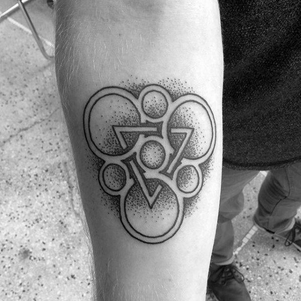 Dotwork Keywork tattoo featuring clean black outlines and shaded stippling, giving a modern twist to the Coheed and Cambria emblem.