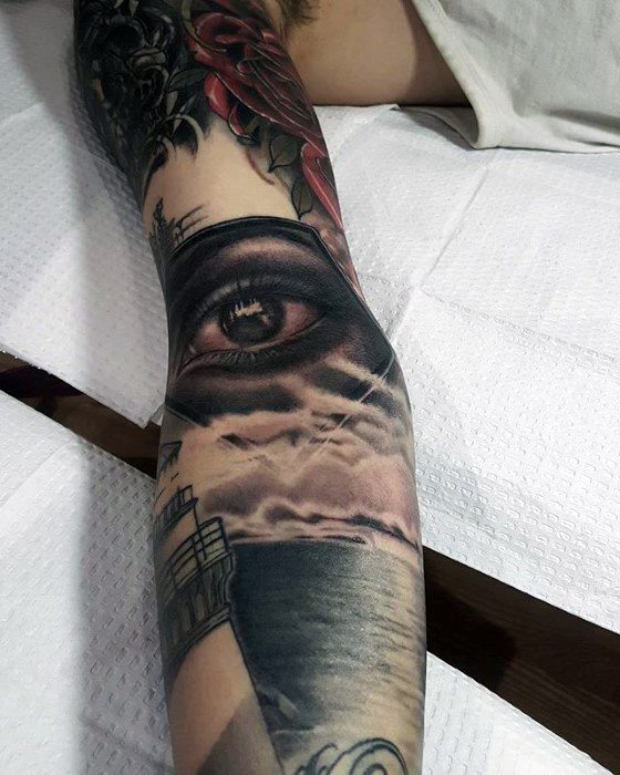 Ditch Elbow Crease 3d Realistic Eye Tattoo On Men