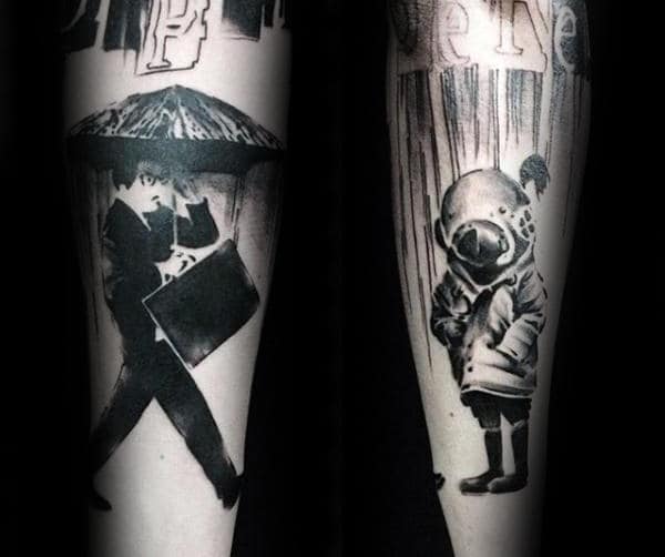 Diver Mask With Businessman Mens Banksy Forearm Tattoos