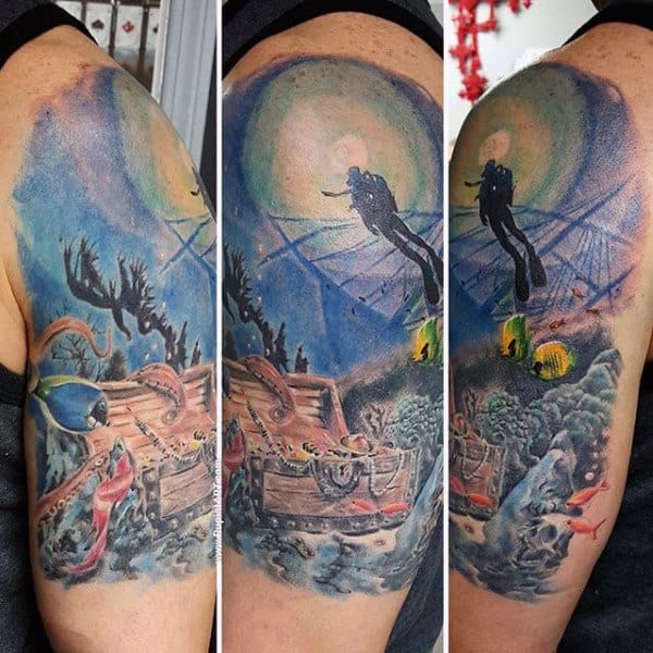 Diver Underwater In Coral Reef Mens Arm Tattoo Ideas