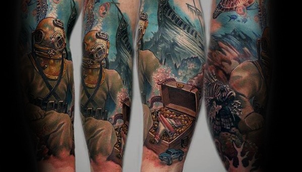 Diver Underwater Treasure Chest Mens Arm Sleeve Tattoo