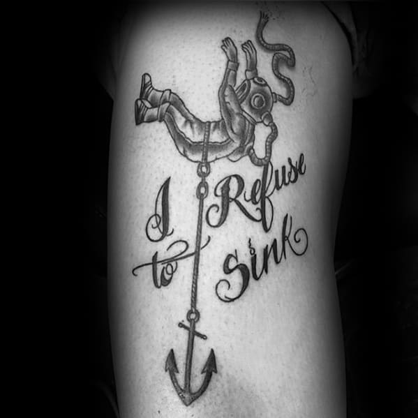 Tattoo of a diver and anchor declaring "Refuse To Sink" on someone's skin