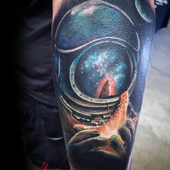 Diver With Glowing Star Fish 3d Forearm Sleeve Tattoo On Men