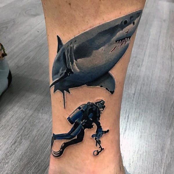 Diver With Shark Artistic Mens Realistic Tattoo Ideas