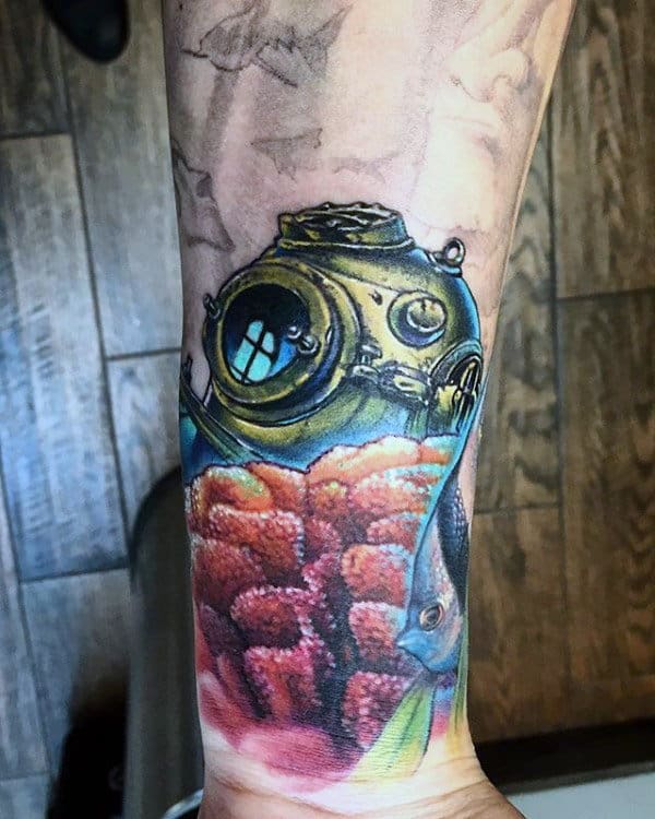 Divers Helmet Coral Reef Mens Wrist Tattoos