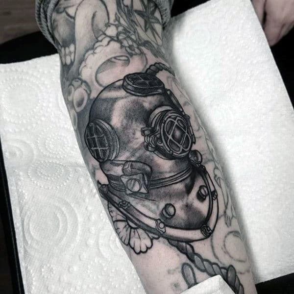 Divers Helmet Nautical Mens Leg Tattoo Design