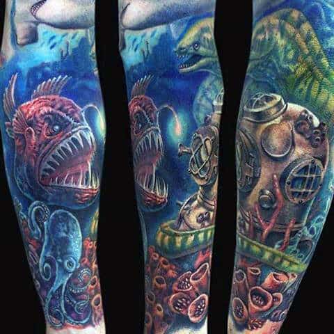Divers Helmet With Deep Sea Fish Mens Ocean Themed Sleeve Tattoo
