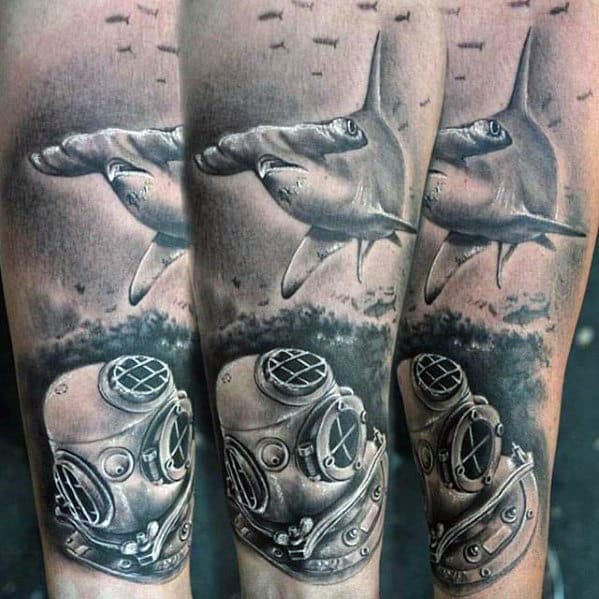 Divers Helmet With Hammerhead Shark Mens Sleeve Tattoo Ideas