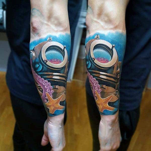 Divers Helmet With Starfish Badass Mens Underwater Forearm Tattoos