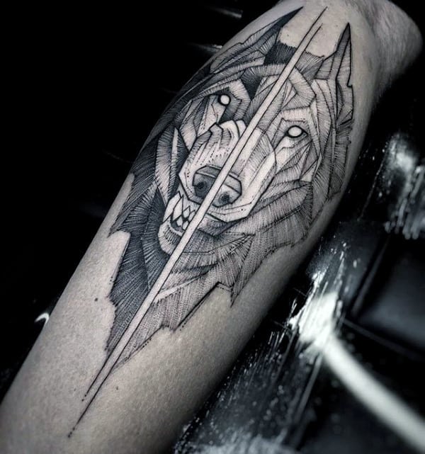 Divided Geometric Wolf Mens Leg Tattoos