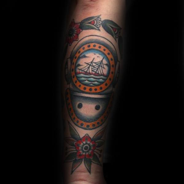 Diving Helmet With Sinking Ship Design Tattoo Ideas For Males On Forearm