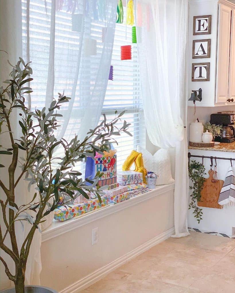 small window seat with presents