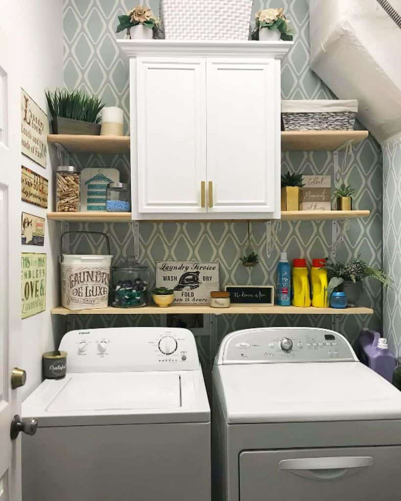 small laundry wall shelves pattern wallpaper