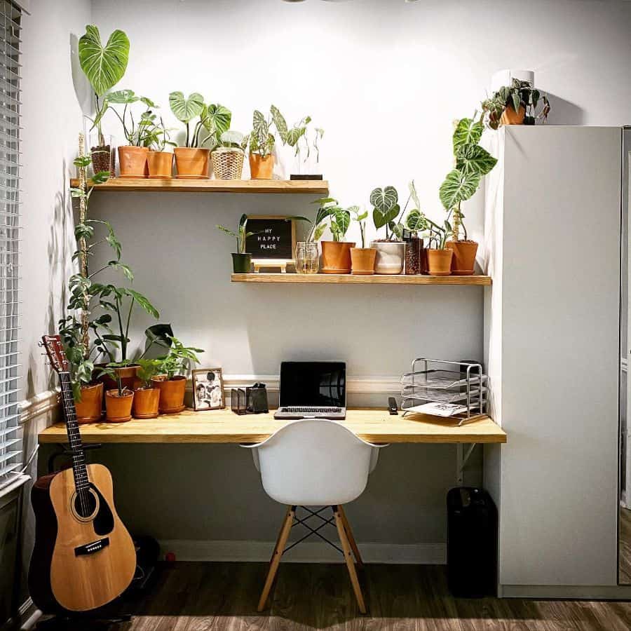 wood desk and wall shelves terracotta pot plants guitar white chairs
