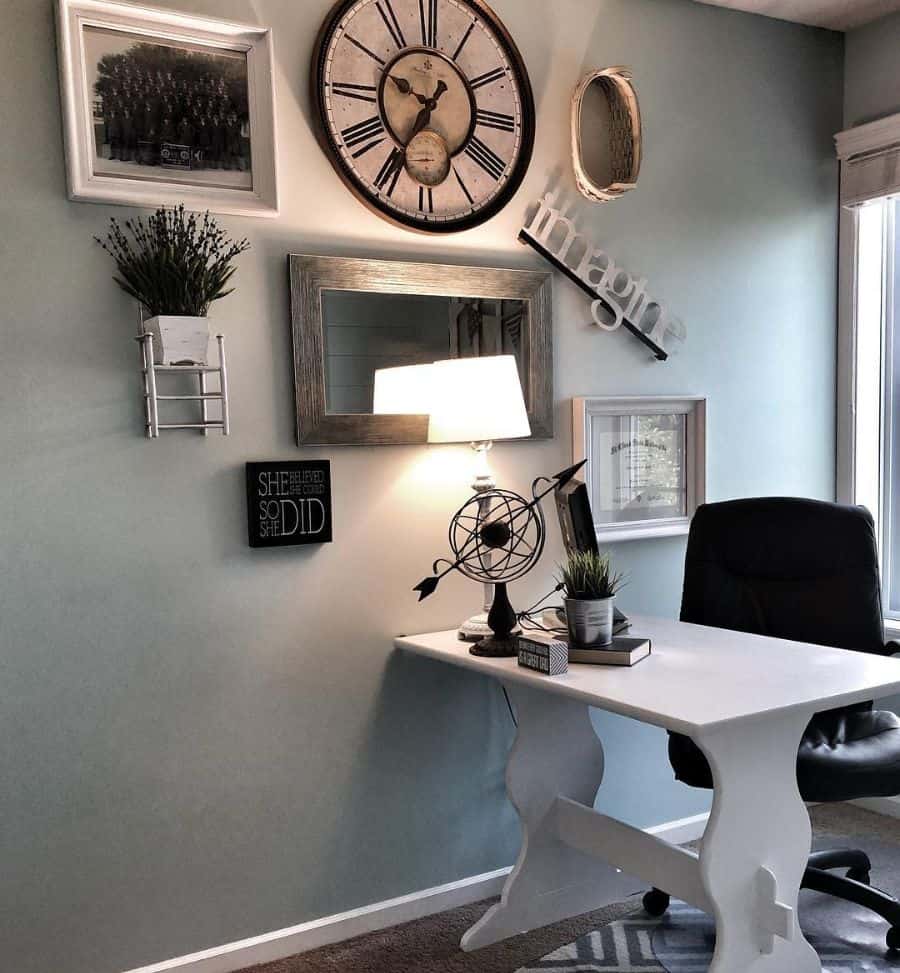 small white desk home office abstract wall art clock