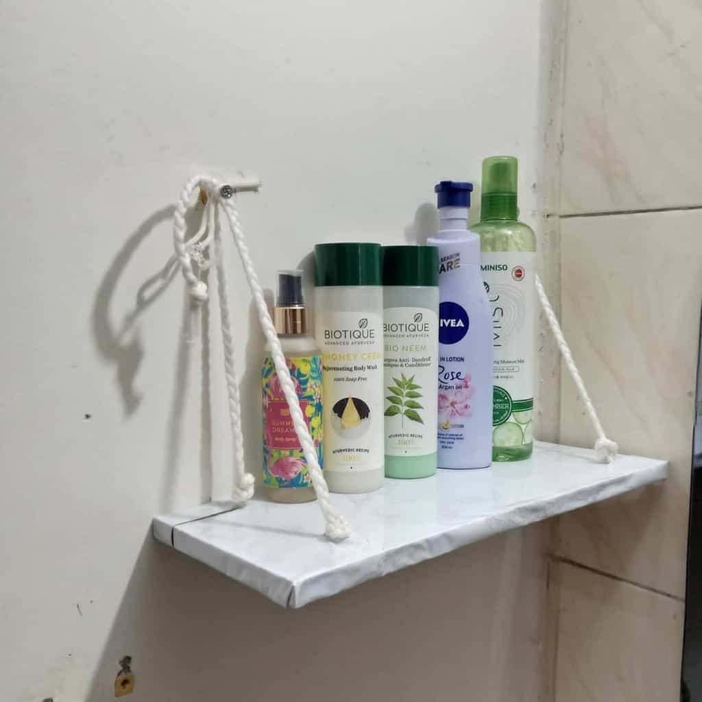 diy hanging shower shelf with bathroom products