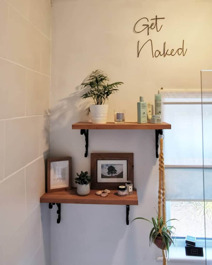 wood wall shelves bathroom