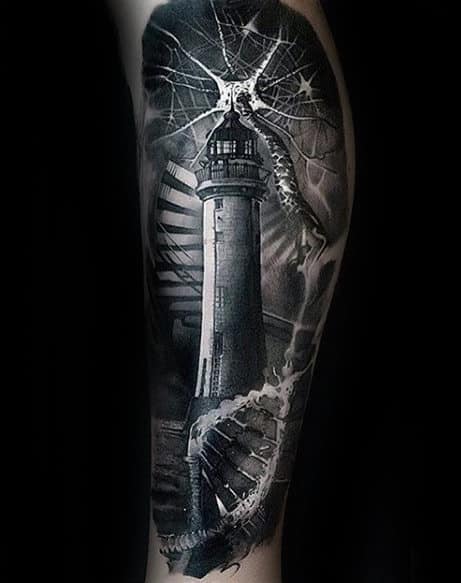 Dna Helix Strand With Lighthouse Mens Realistic 3d Leg Tattoo