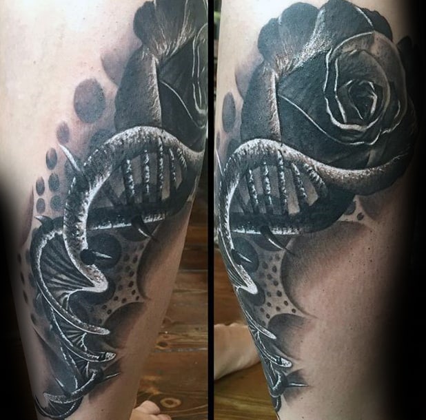 Tattoo of a DNA helix and rose, designed with bold shading on a leg