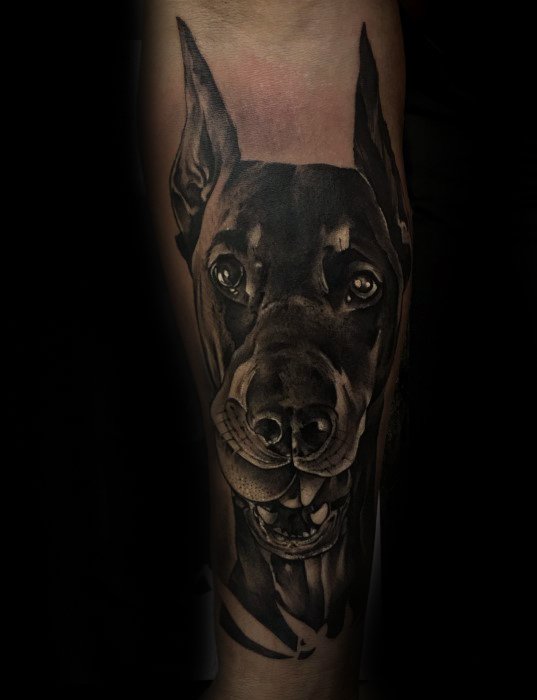 Highly realistic Doberman tattoo with deep black shading and lifelike facial expression, showcasing sharp eyes and detailed fur texture.