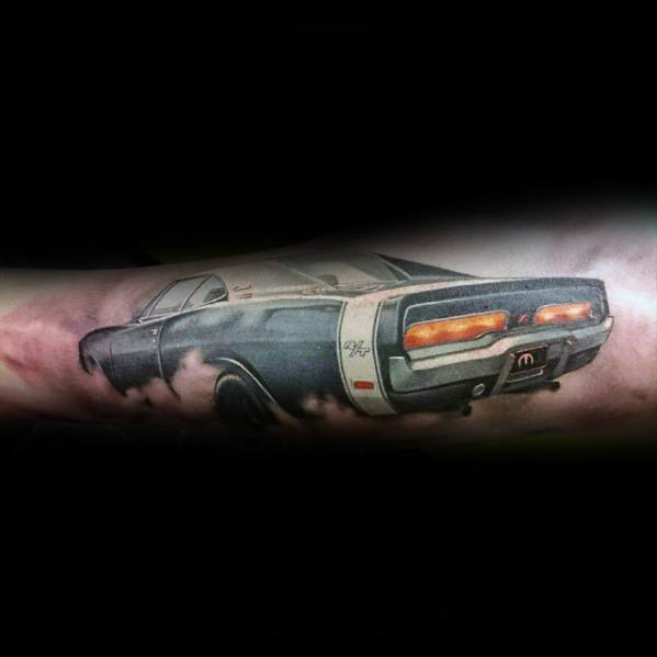 Realistic Dodge Charger tattoo with glowing taillights and smoke effect, capturing the power and speed of the classic muscle car.