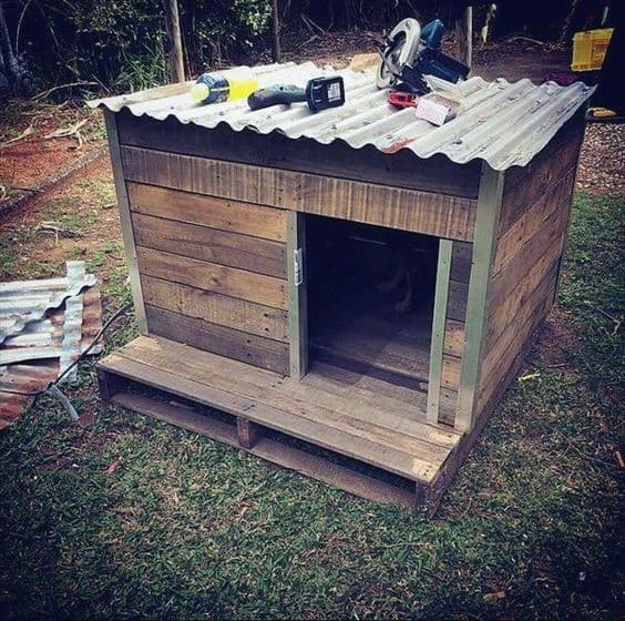 Wooden doghouse with a corrugated metal roof, tools scattered on top, perfect for your furry dog, situated on grass