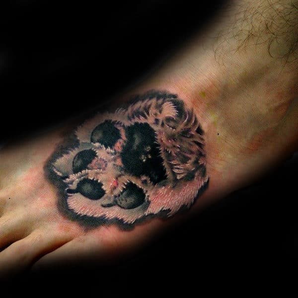 Dog Paw Mens Foot Tattoo With Realistic Design