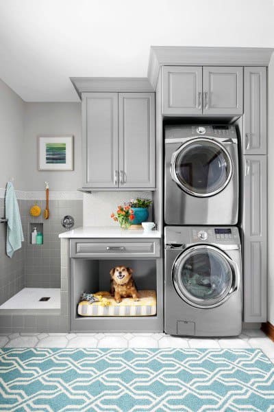 dog room laundry room built-in dog house with shower blue pattern rug