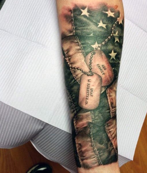 Dog Tag Tattered American Flag Tattoo For Men